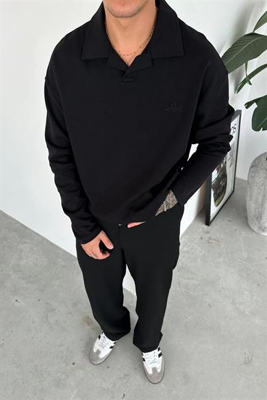 Siyah Local Nakış Oversize Polo Yaka Sweatshirt