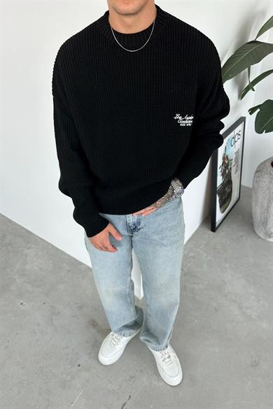 Siyah Los Angeles Nakış Oversize Triko Kazak