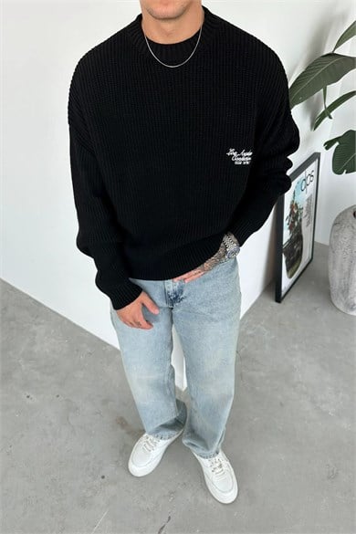 Siyah Los Angeles Nakış Oversize Triko Kazak