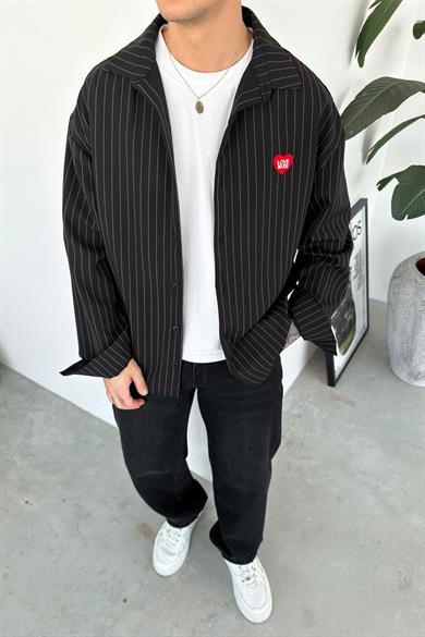 Siyah Love Mod Nakışlı Çizgili Oversize Gömlek