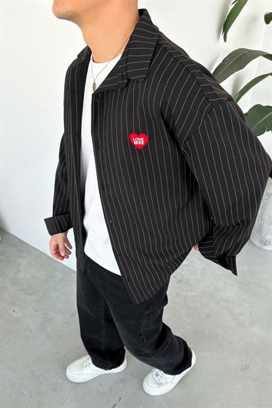 Siyah Love Mod Nakışlı Çizgili Oversize Gömlek