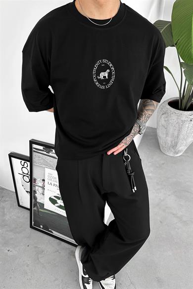 Siyah Minimal Tiger Baskılı Oversize Tişört