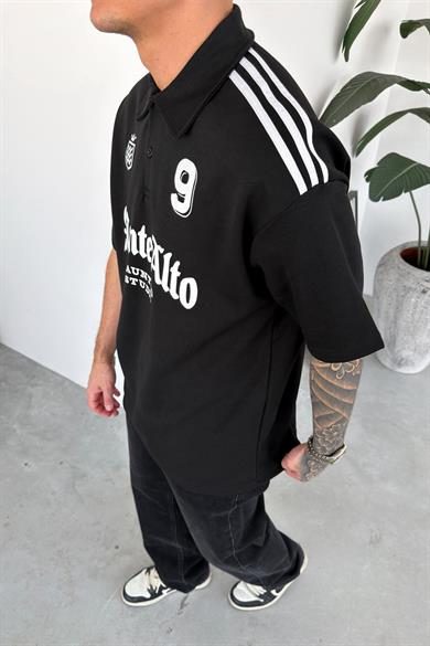 Siyah Monte Baskılı Oversize Polo Yaka Tişört