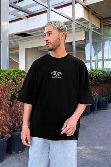 Siyah Monte Carlo Nakış Detay OUTPLENTY PREMİUM Oversize Tişört