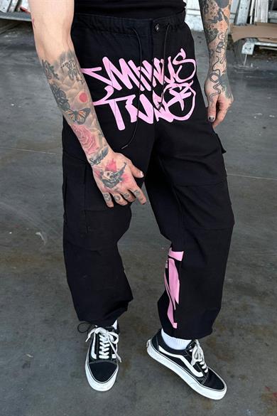 Siyah MTW Pembe Yazılı Premium Kargo Cepli Baggy Pantolon