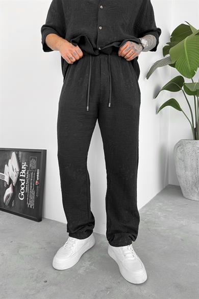 Siyah Müslin Flower Kabartma Detay Baggy Pantolon
