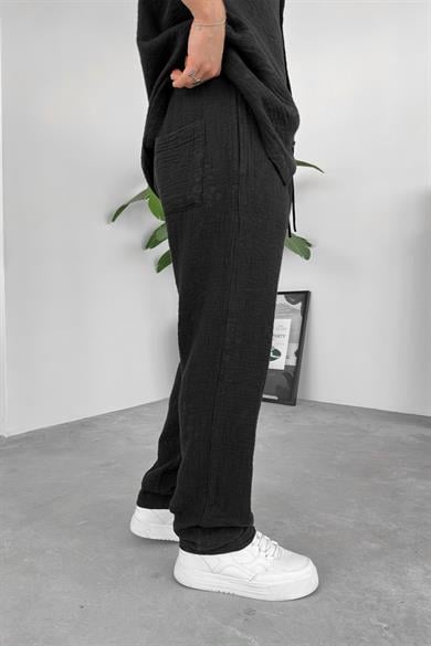 Siyah Müslin Flower Kabartma Detay Baggy Pantolon