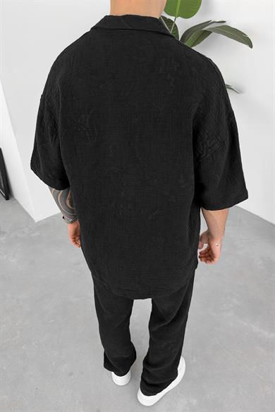 Siyah Müslin Flower Kabartma Detay Oversize Gömlek