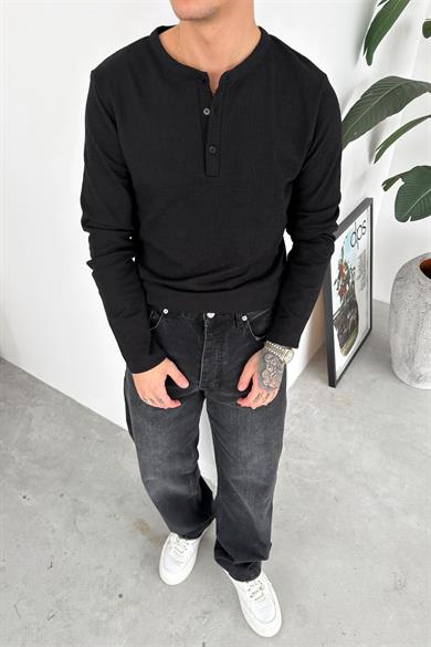 Siyah Müslin Kumaş Düğmeli Yaka Relaxed Uzun Kollu Tişört