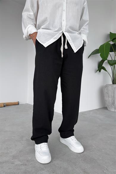Siyah Nakışlı Baggy Keten Pantolon