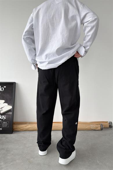 Siyah Nakışlı Baggy Keten Pantolon