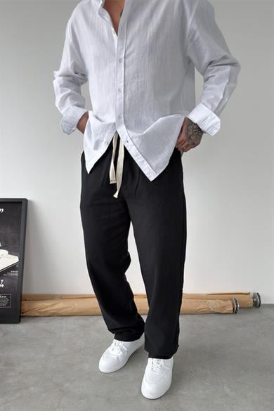 Siyah Nakışlı Baggy Keten Pantolon