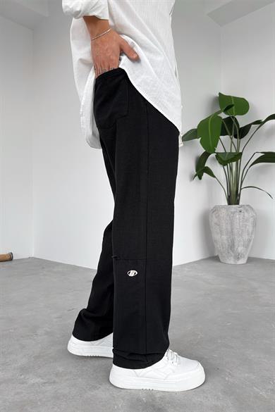 Siyah Nakışlı Baggy Keten Pantolon