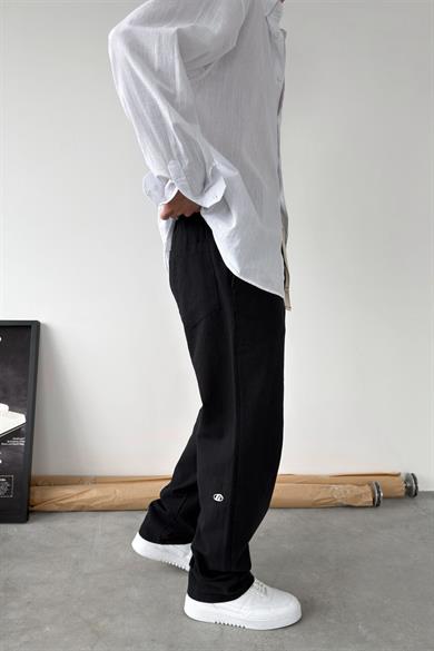 Siyah Nakışlı Baggy Keten Pantolon