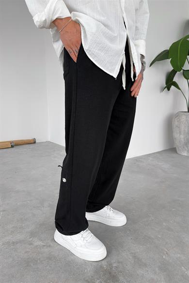 Siyah Nakışlı Baggy Keten Pantolon