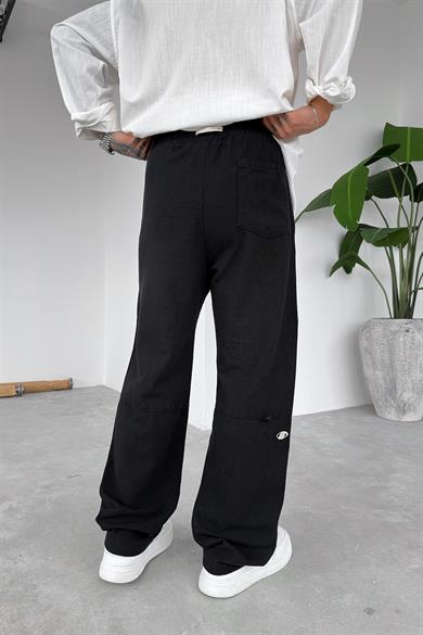 Siyah Nakışlı Baggy Keten Pantolon
