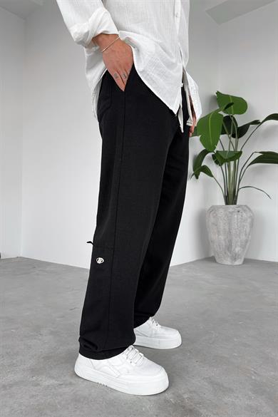 Siyah Nakışlı Baggy Keten Pantolon