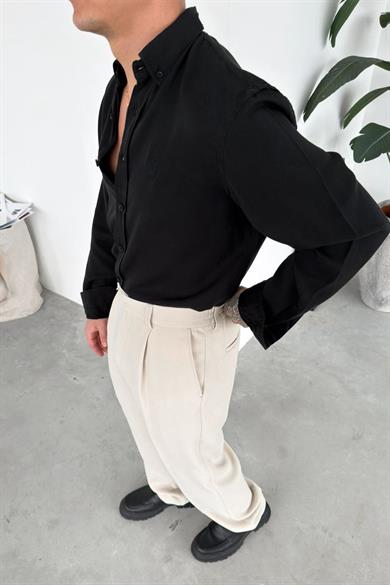 Siyah Nakışlı Oversize Modal Gömlek