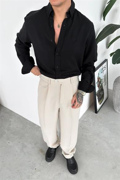 Siyah Nakışlı Oversize Modal Gömlek