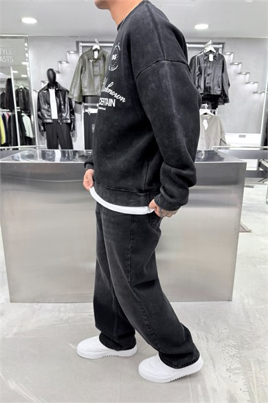 Siyah Nothing Baskılı Yıkamalı Oversize Sweatshirt