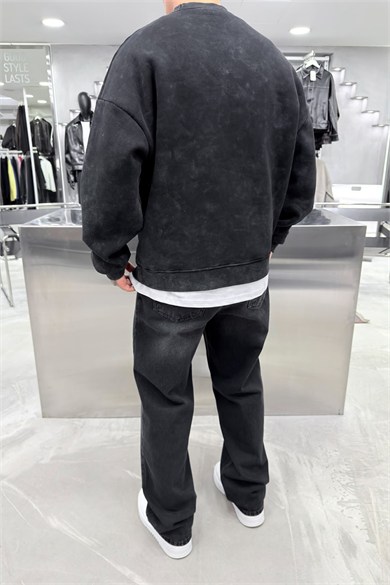 Siyah Nothing Baskılı Yıkamalı Oversize Sweatshirt
