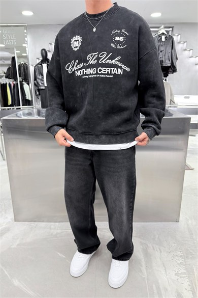 Siyah Nothing Baskılı Yıkamalı Oversize Sweatshirt