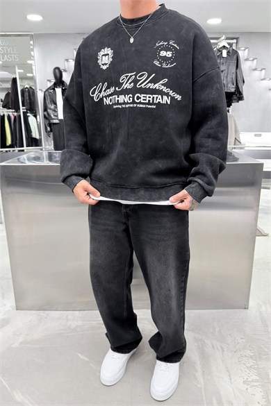 Siyah Nothing Baskılı Yıkamalı Oversize Sweatshirt