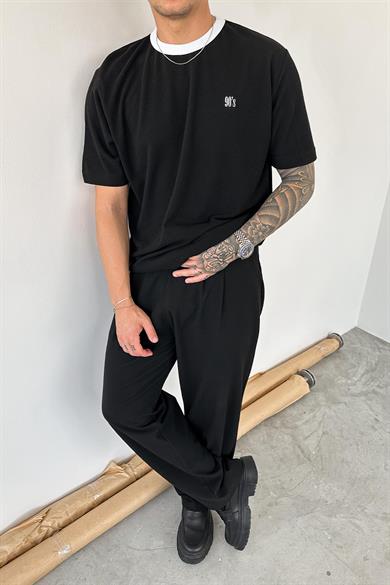 Siyah Old Money 90s İnce Fitilli Oversize Tişört