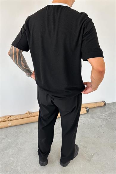 Siyah Old Money 90s İnce Fitilli Oversize Tişört
