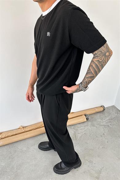 Siyah Old Money 90s İnce Fitilli Oversize Tişört