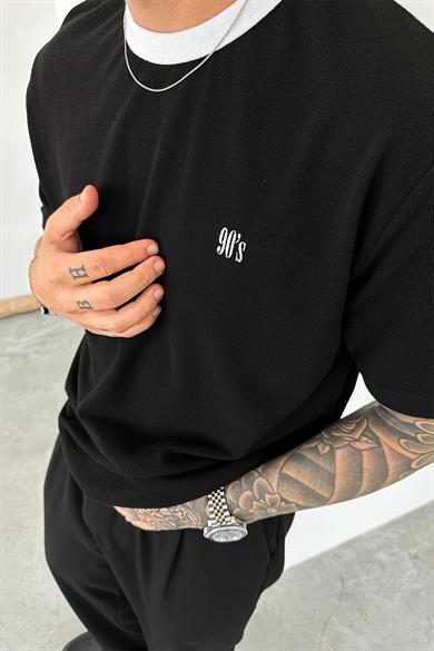 Siyah Old Money 90s İnce Fitilli Oversize Tişört