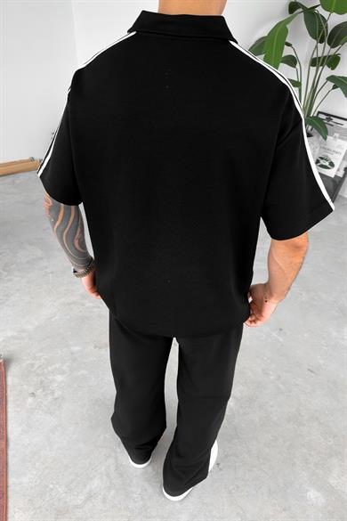 Siyah Old Money MatchaStory Baskılı Oversize Polo Yaka Tişört