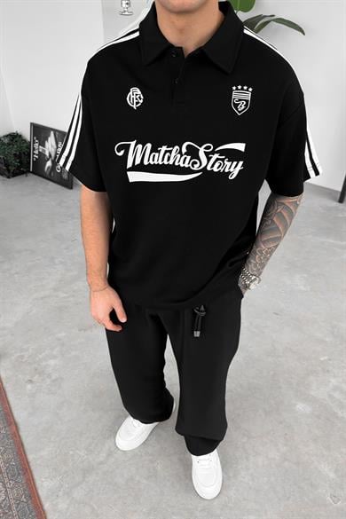 Siyah Old Money MatchaStory Baskılı Oversize Polo Yaka Tişört