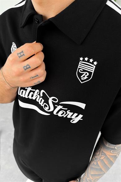 Siyah Old Money MatchaStory Baskılı Oversize Polo Yaka Tişört
