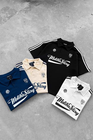 Siyah Old Money MatchaStory Baskılı Oversize Polo Yaka Tişört