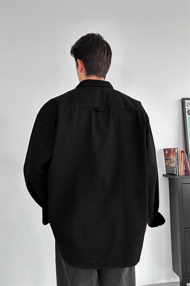 Siyah Ön Cep Detay Oversize Kot Gömlek