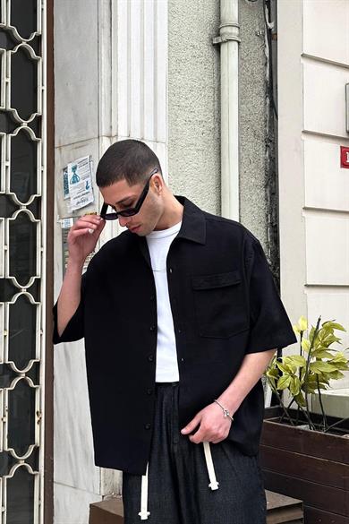 Siyah Ön Cep Detay V2 PH Boxy Fit Oversize Gömlek