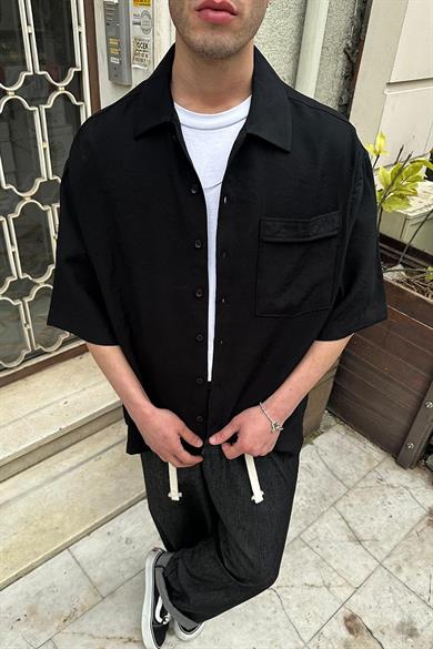 Siyah Ön Cep Detay V2 PH Boxy Fit Oversize Gömlek