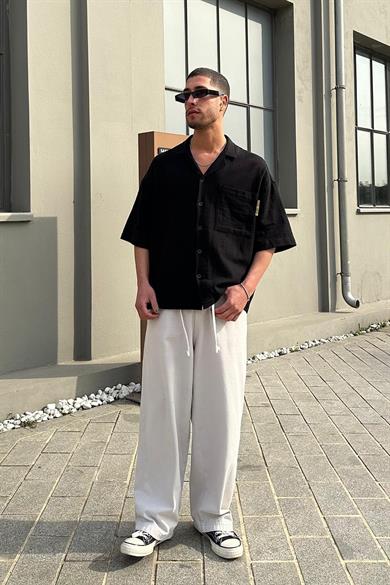 Siyah Ön Cepli 050 MH Oversize Keten Gömlek