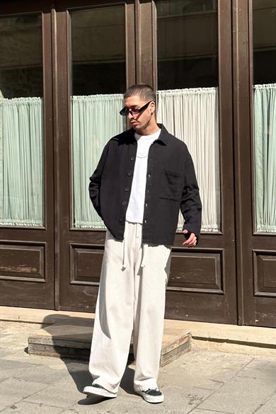 Siyah Ön Cepli L6 GO Oversize Keten Gömlek