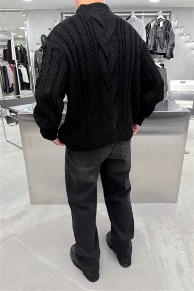 Siyah Örgü Desen Oversize Triko Kazak