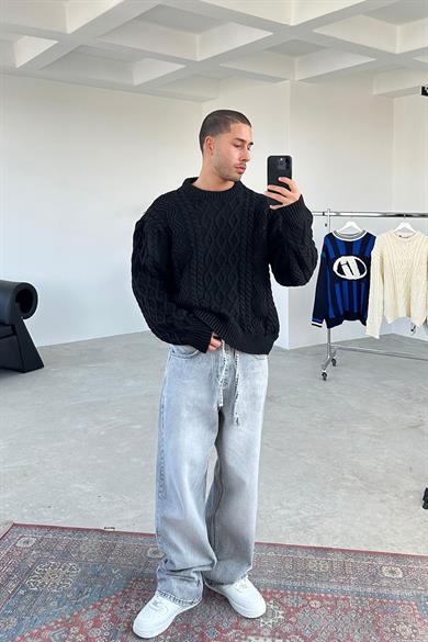 Siyah Örgü Desen Oversize Triko Kazak
