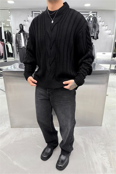 Siyah Örgü Desen Oversize Triko Kazak