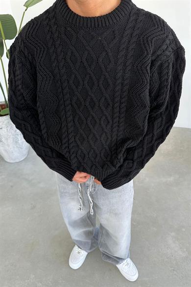 Siyah Örgü Desen Oversize Triko Kazak