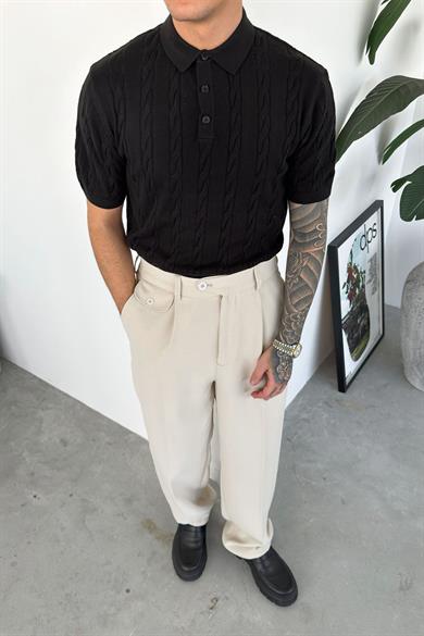 Siyah Örgü Desen Relaxed Triko Polo Yaka Tişört