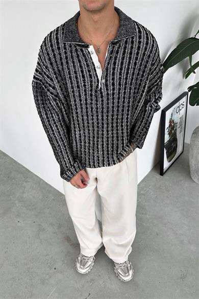 Siyah Örgü Desenli Premium Oversize Polo Yaka Kazak