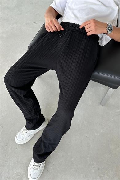 Siyah Örgü Desenli Relaxed Pantolon