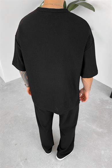 Siyah Örme Cep Detay Oversize Tişört