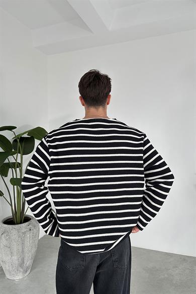 Siyah Örme Çizgi Detaylı Oversize Sweat
