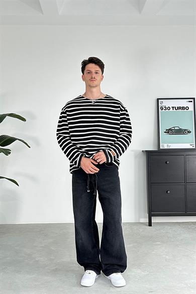 Siyah Örme Çizgi Detaylı Oversize Sweat